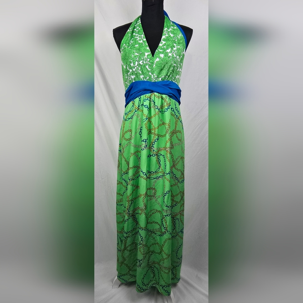 New York & Company Green Chain Print Halter Smocked Maxi Dress Women's sz L